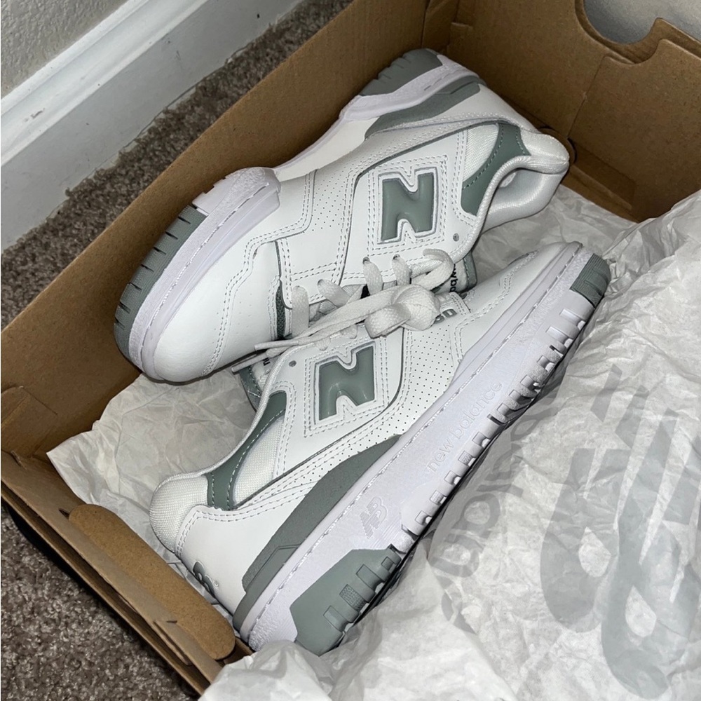 New Balance White and Sage Sneakers